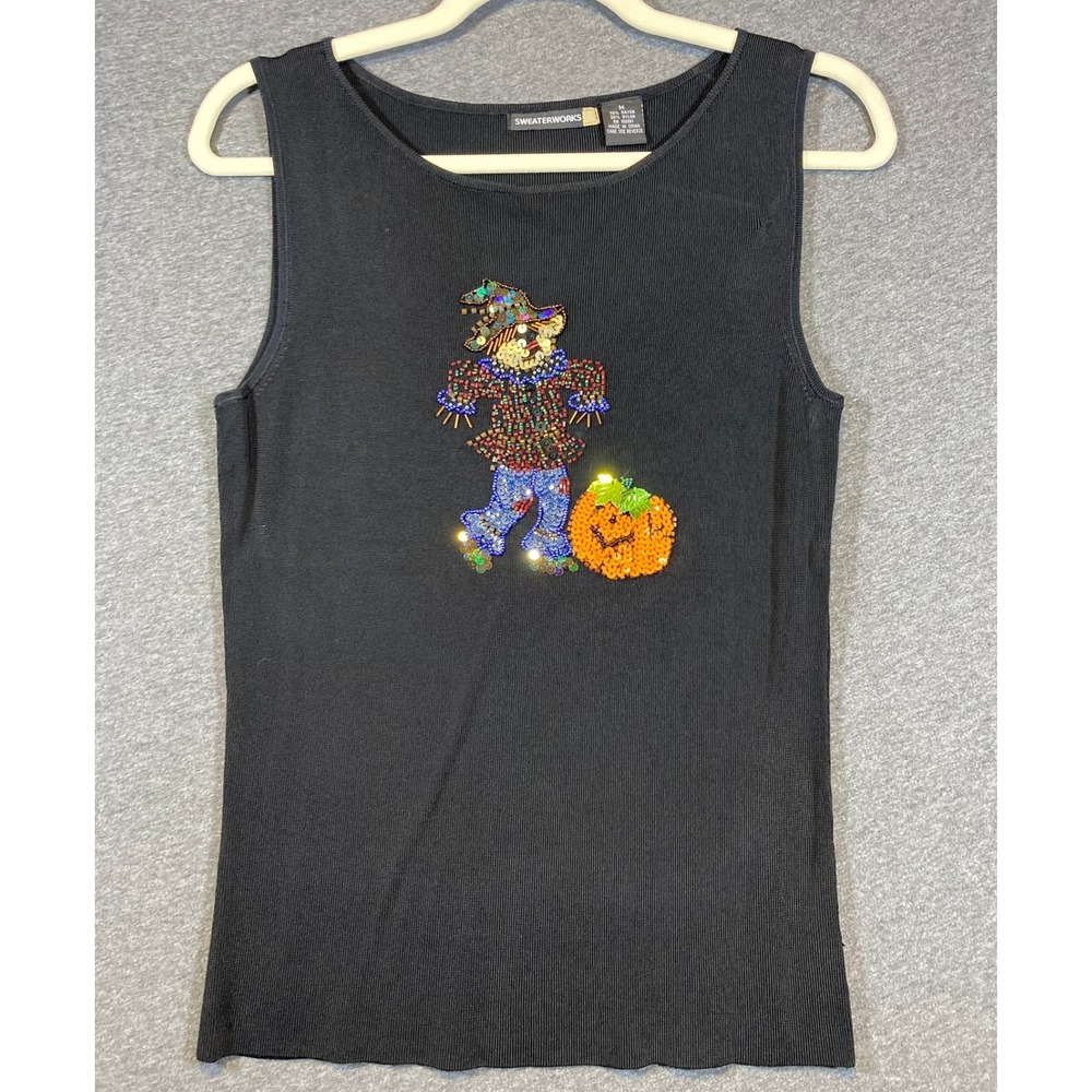 Sweaterworks Womens Black Beaded Scarecrow Pumpkin Halloween Knit Tank Top Med